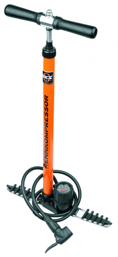 SKS Rennkompressor Standpumpe orange mit Messingnippel-Anschluss für Sclaverand-Ventile, max. 16 bar Druck, robustes Stahlrohr, klappbare Gusseisenfüße, Holzgriff, 650 mm Höhe