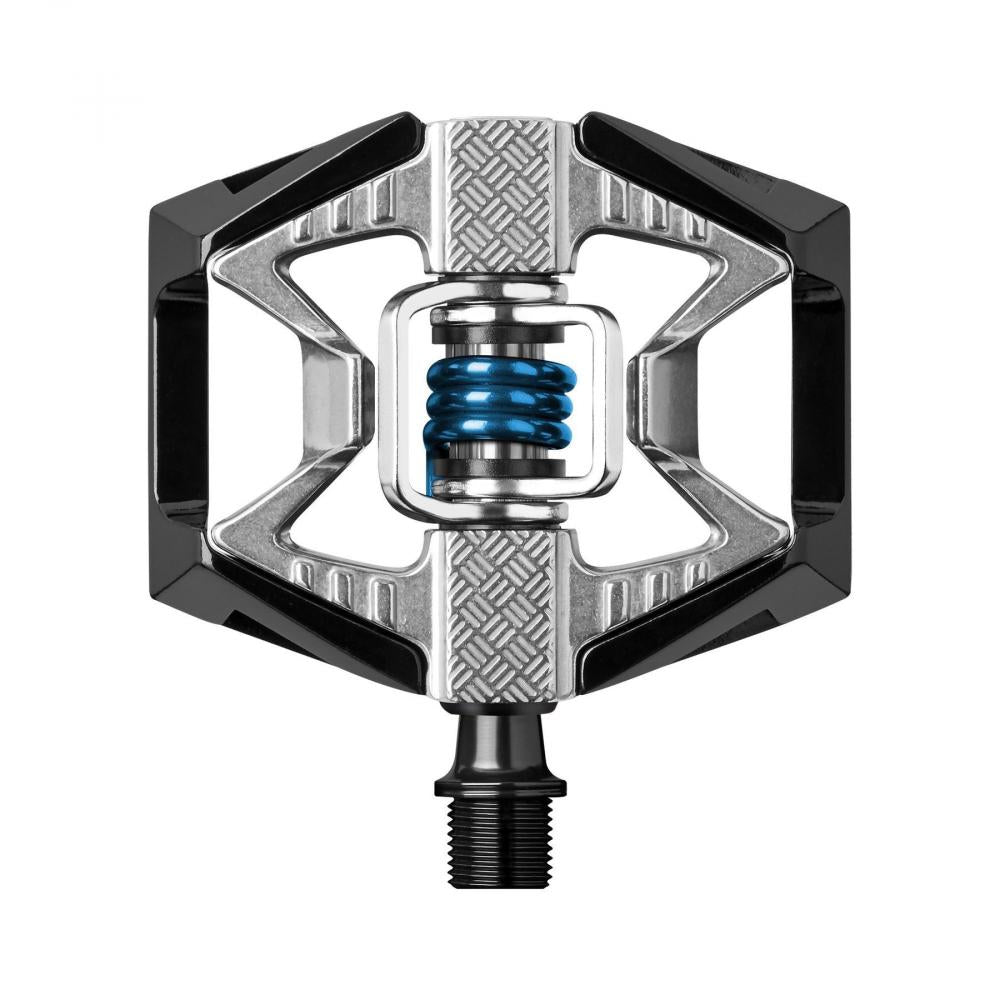 Crankbrothers Double Shot 2 Hybrid-Fahrradpedal schwarz-silber mit blauer Feder.