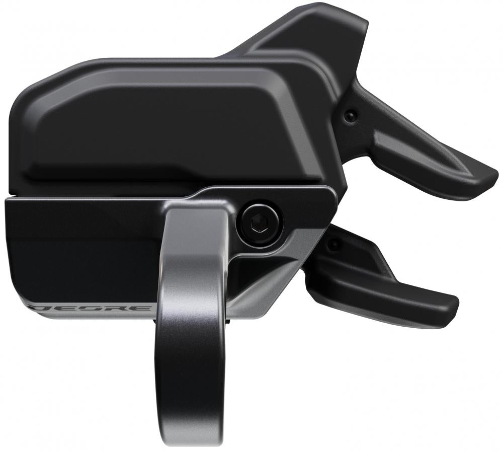 Schwarzer SHIMANO DEORE SW-M6250 Di2 Schalter mit Schelle, Lenkerfernbedienung für elektronische Gangschaltung.