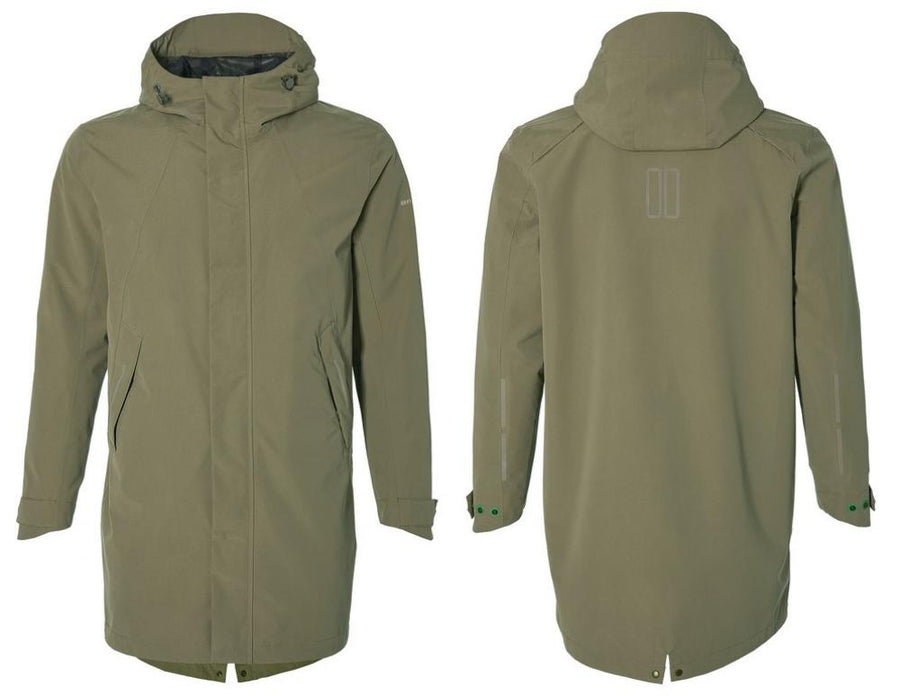 Basil Mosse Herren Regenparka olivgrün mit Kapuze und Reflektoren, Vorder- und Rückansicht.