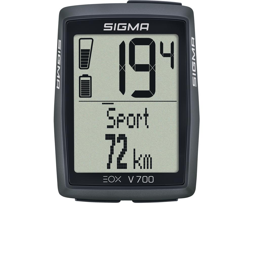 Sigma EOX VIEW 700 E-Bike-Computer schwarz, 2-Zoll Display, zeigt 72 km im Sportmodus mit Akku- und Flaschensymbolen.