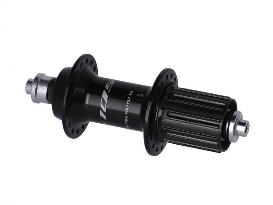 Schwarze Shimano 105 FH-R7000 Hinterradnabe mit 32 Loch und Schnellspanner.