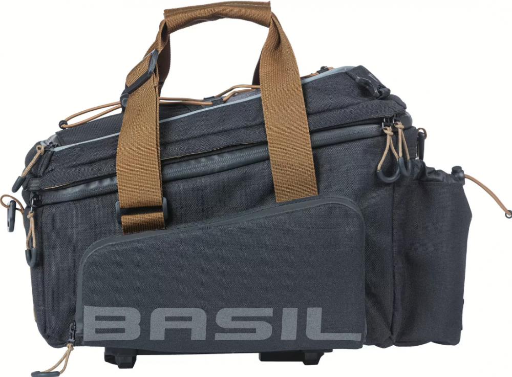 Schwarz-graue Basil Miles XL Pro MIK 2.0 Gepäckträgertasche, erweiterbar & wasserdicht, mit MIK-Adapterplatte.