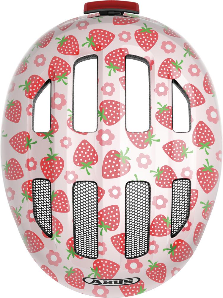 Abus Kinderhelm Smiley 3.0 LED, rosa mit Erdbeermuster, M 50-55cm, mit Insektenschutznetz.
