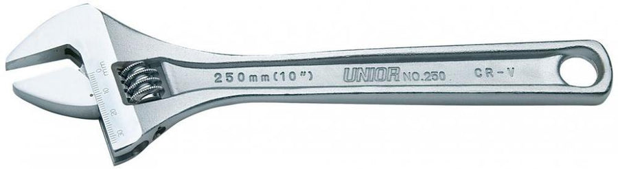 Unior Einmaulschlüssel 250/1 aus CR-V Stahl, 250mm lang, verstellbar bis 28mm auf weißem Hintergrund.