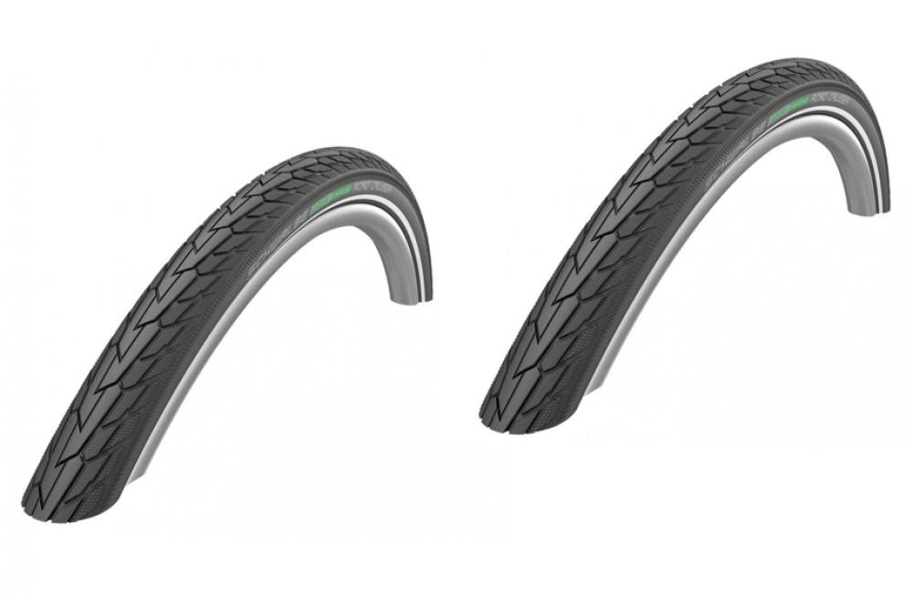Zwei Schwalbe Road Cruiser HS484 Fahrradreifen, 28 Zoll, mit Green Compound und markantem Profil.