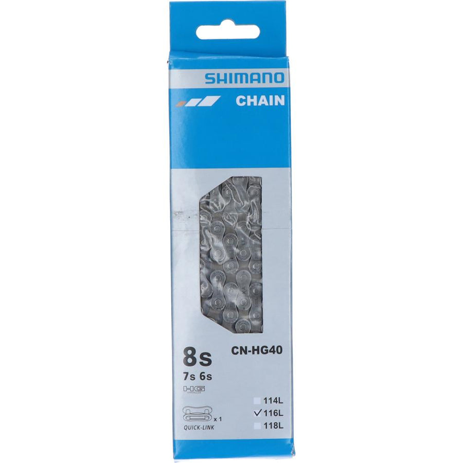 Shimano CN-HG40 Fahrradkette für 6-, 7- und 8-fach Schaltungen mit 116 Gliedern in der Verkaufsverpackung.