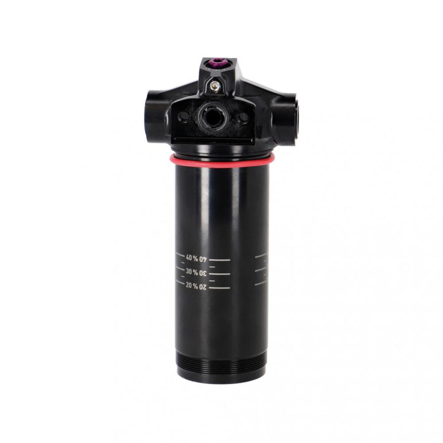 RockShox Eyelet Dämpfer Body Assembly Trunnion 50 Vivid C1+ 2024+. Schwarzes Federbein mit Skala und rotem Ring.