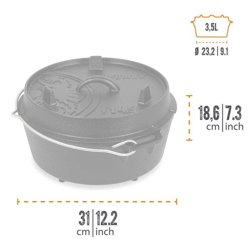 Petromax Feuertopf ft4.5 Gusseisen Dutch Oven 3,5 l mit Füßen für 25 Personen, perfekt für Lagerfeuer, Grill und Backofen, gleichmäßige Hitzeverteilung