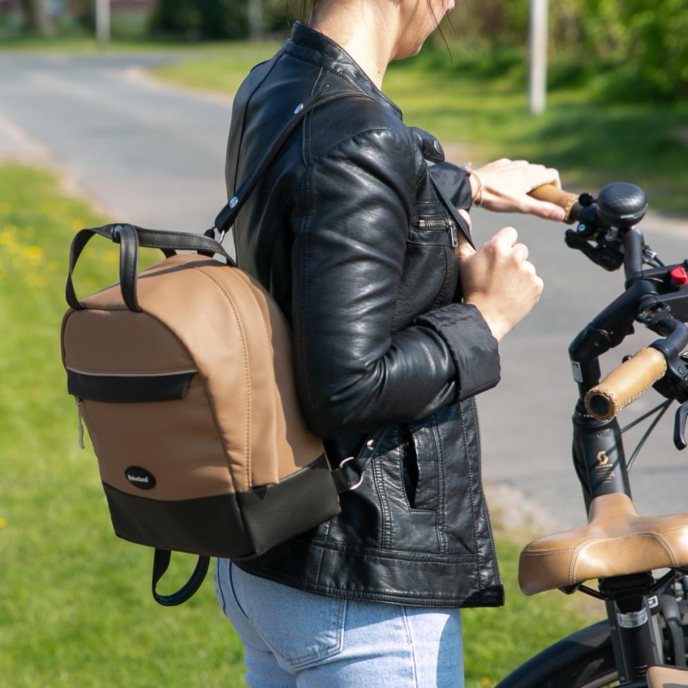 Haberland Rucksack-Lenkertasche Bella hellbraun/schwarz, flexibler Rucksack und Lenkertasche am E-Bike.