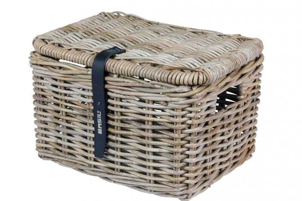 Basil Dax S Vorderradkorb Grau Rattan grobmaschig mit Deckel 37x27x24 cm Fahrradkorb