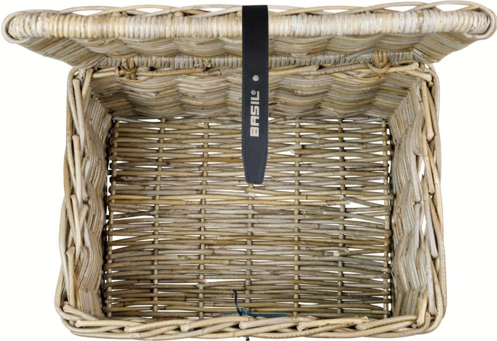 Basil Dax S Vorderradkorb grau Rattan grobmaschig mit offenem Deckel, Ansicht von oben.