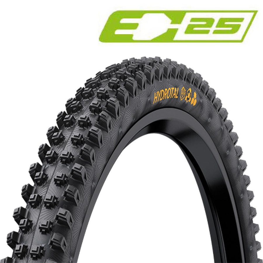 Continental Hydrotal DH Reifen 29x2.40 schwarz mit Stollenprofil und E-25 Logo.