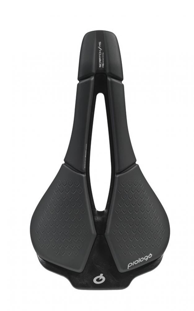 Schwarzer Prologo Scratch M5 PAS 140mm ergonomischer Performance-Fahrradsattel mit Aussparung.