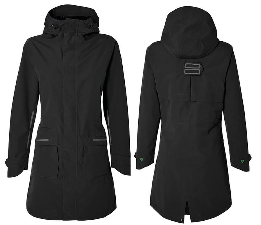Basil Mosse Damen Regenparka Jet Black, wasserdichte Fahrradjacke mit Kapuze, Taschen und Reflektoren.