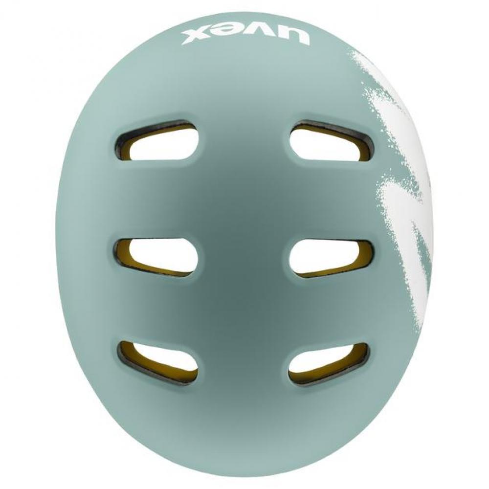 uvex kid 4 style MIPS Kinderfahrradhelm, matt salbeigrün mit weißem Spray-Design und Belüftungslöchern.