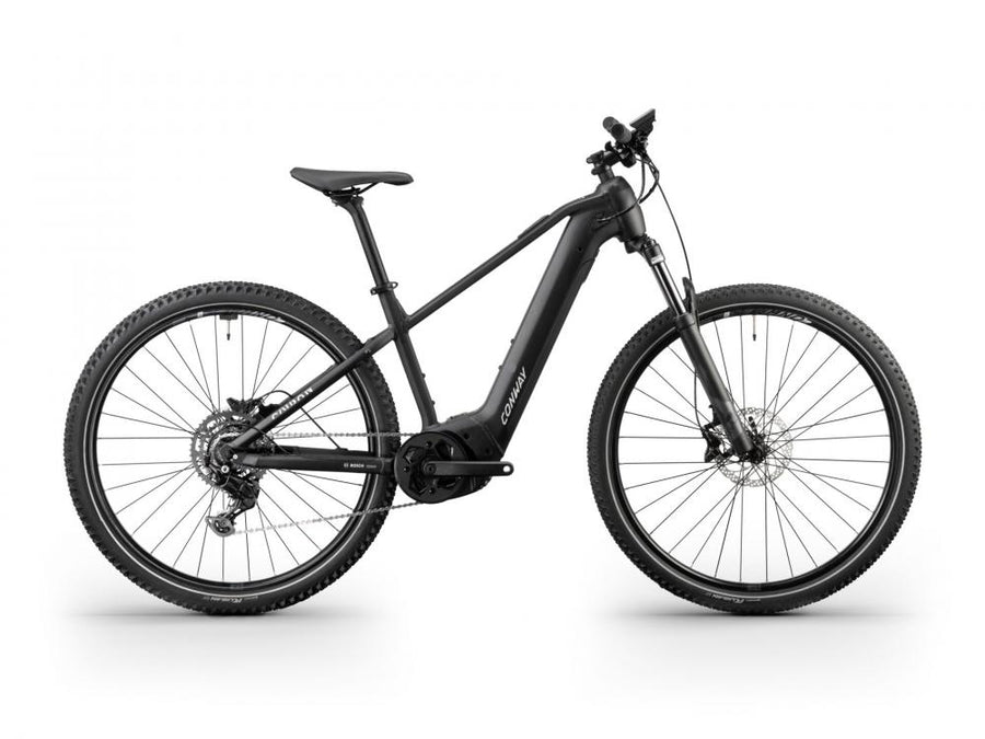 CONWAY Elektro-MTB Hardtail "Cairon S 1.0" (#1), Diamant, 29", black matt / light grey matt, 9-Gang SHIMANO "Cues", 49 cm / LnnDas Elektro-MTB Hardtail besteht aus einem Aluminiumrahmen. Die Federgabel bietet einen Gabelfederweg von 120 mm. Der Antrieb er
