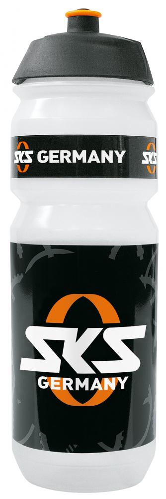 SKS GERMANY Trinkflasche 750ml, weiß mit schwarzem SKS Logo, auslaufsicheres Push-Pull-Ventil, ergonomisches Design für Fahrr