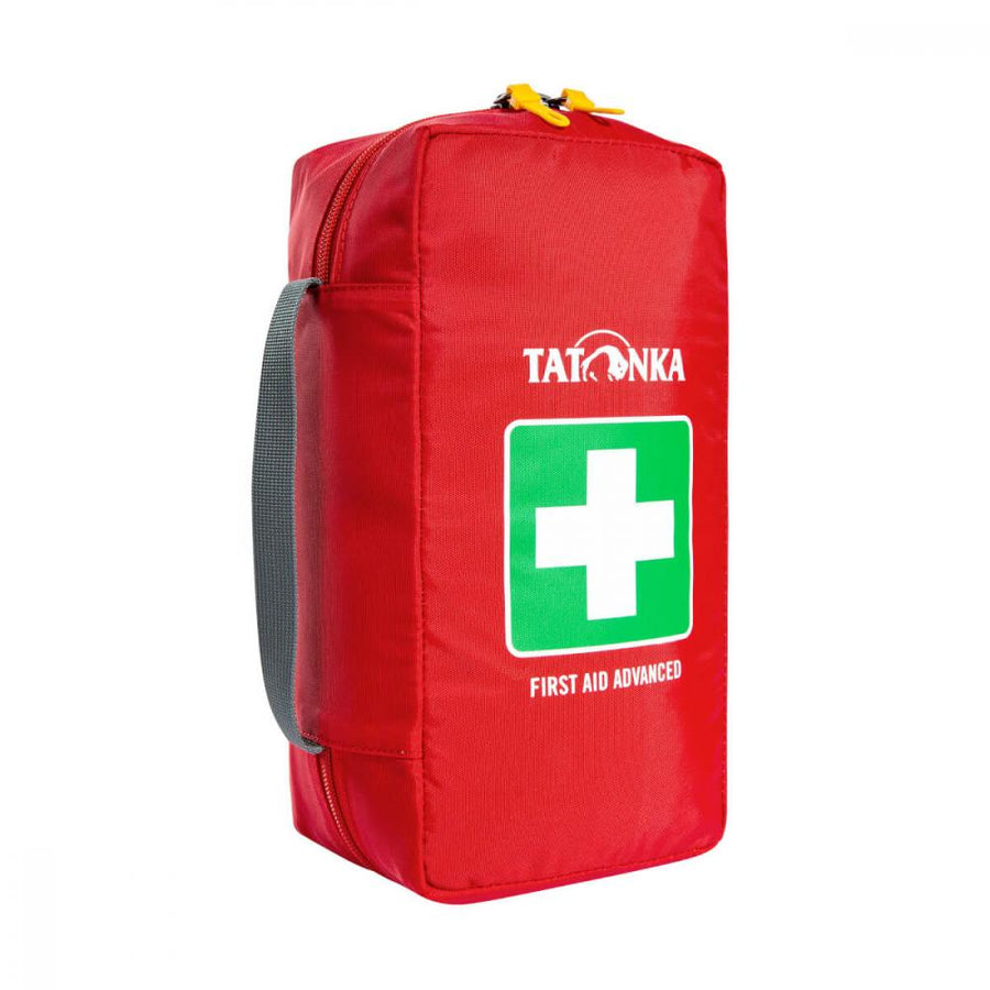 Rotes Tatonka First Aid Advanced Erste-Hilfe-Set mit grünem Kreuzsymbol und Tragegriff.