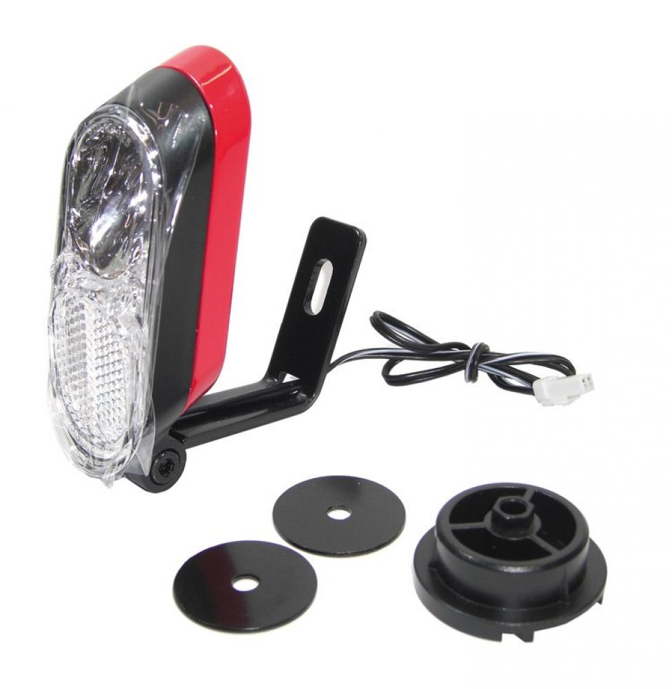 Haibike eHeadlight LED 60 Lux Fahrradscheinwerfer rot schwarz mit Halterung und Kabel auf weißem Hintergrund.