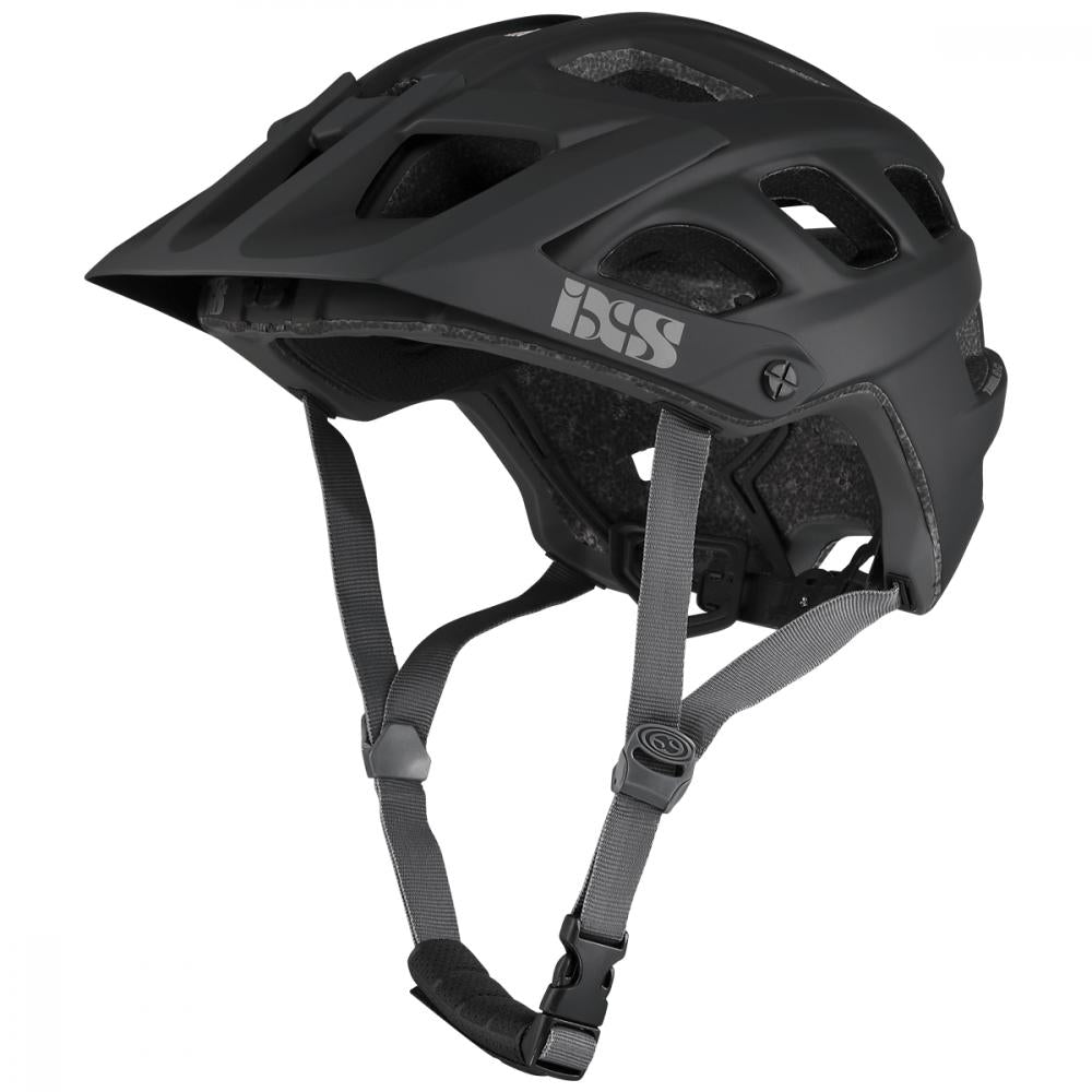 Schwarzer iXS Trail EVO Fahrradhelm, leichter All-Mountain MTB-Helm mit 360 Grad Schutz und Visier.