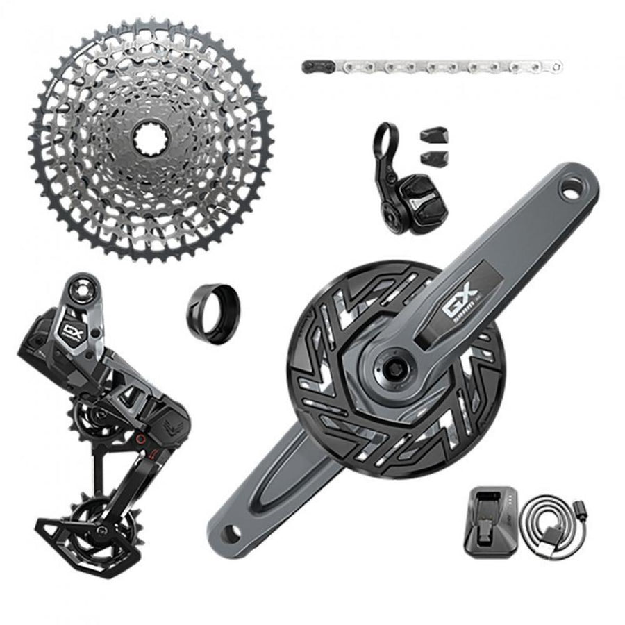 Komplettes SRAM GX AXS Eagle Transmission E-MTB Upgrade Kit: Kassette, Schaltwerk, Kurbel, Kette, Shifter, Akku.