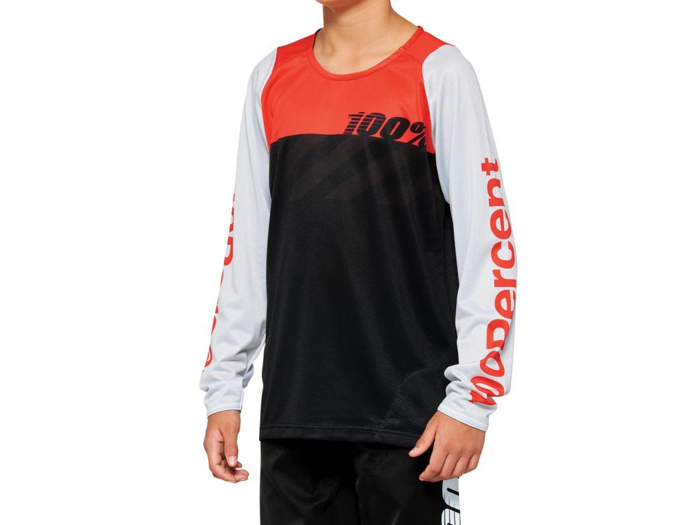 100% R-Core Youth Long Sleeve Jersey M Black/Racer Red - leichtes DH/BMX Trikot
