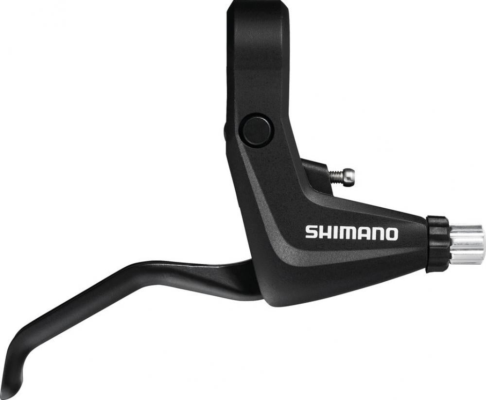 Schwarzer SHIMANO BL-T4000 Bremshebel links für V-Brakes, mit Logo und silbernem Einstellrad.