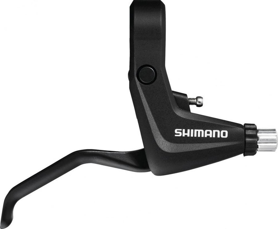 Schwarzer SHIMANO BL-T4000 Bremshebel links für V-Brakes, mit Logo und silbernem Einstellrad.