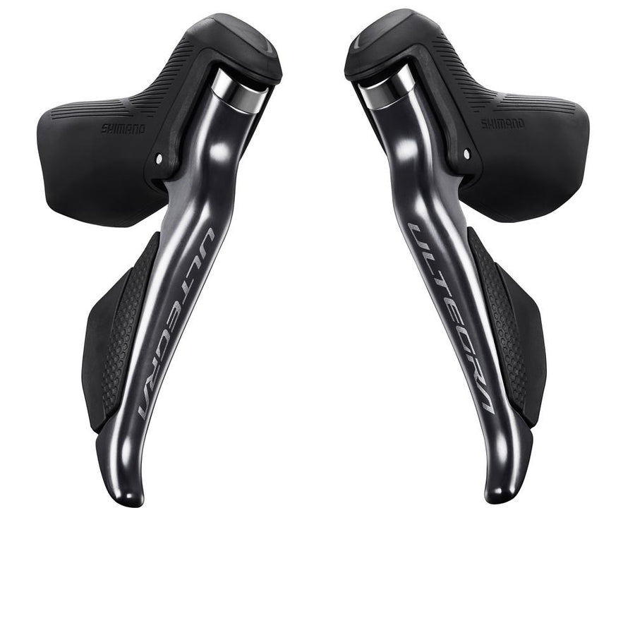 SHIMANO Schalt-/Bremshebel ULTEGRA Di2 ST-R8150 Paar Felgenbremse, schwarz/grau, auf weißem Hintergrund.