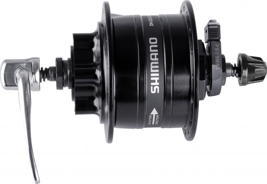 Schwarzer Shimano Nabendynamo DH-3D32, 6V/3W, 32 Loch, mit 6-Loch-Scheibenaufnahme und Schnellspanner.