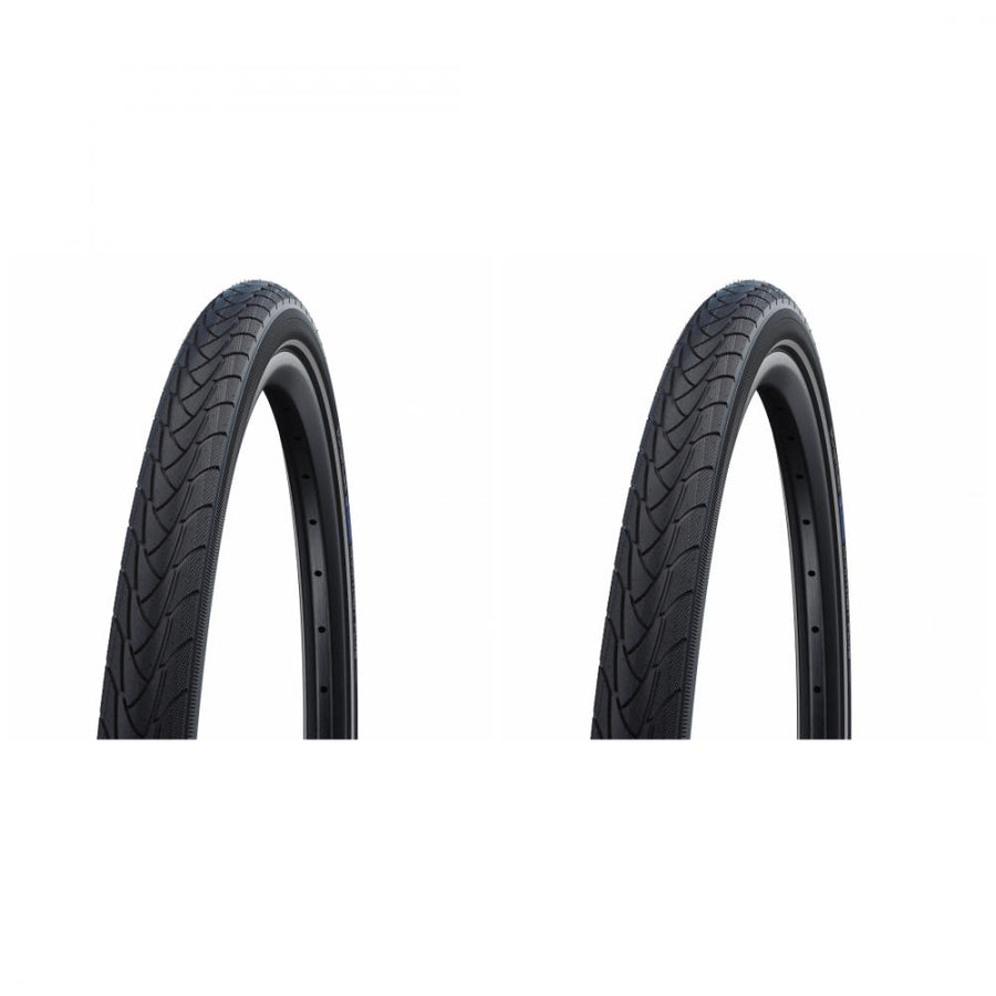Zwei schwarze Schwalbe Marathon Plus Fahrradreifen, unplattbar mit 5mm Pannenschutz für E-Bikes.