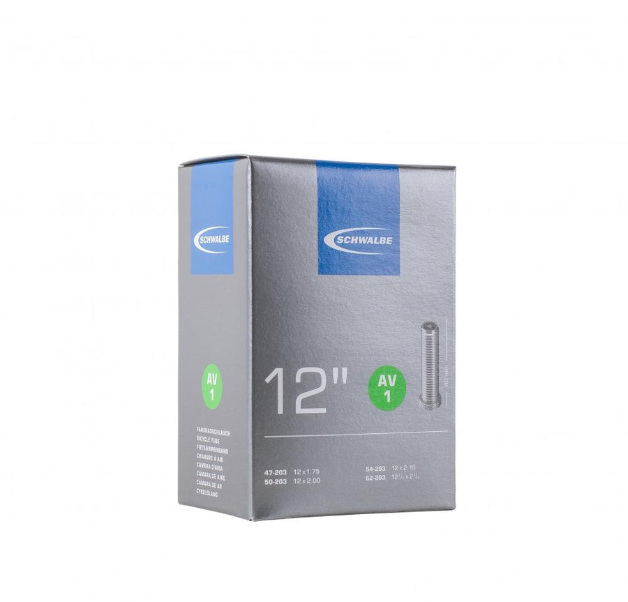 Schwalbe AV1 Fahrradschlauch 12\" (47-203 bis 62-203), Autoventil 40mm, für Reifen 12 1/2x1.75 bis 12 1/2x2 1/4, hochwertige Butylqualität, hohe Lufthaltigkeit, geprüft auf Zuverlässigkeit