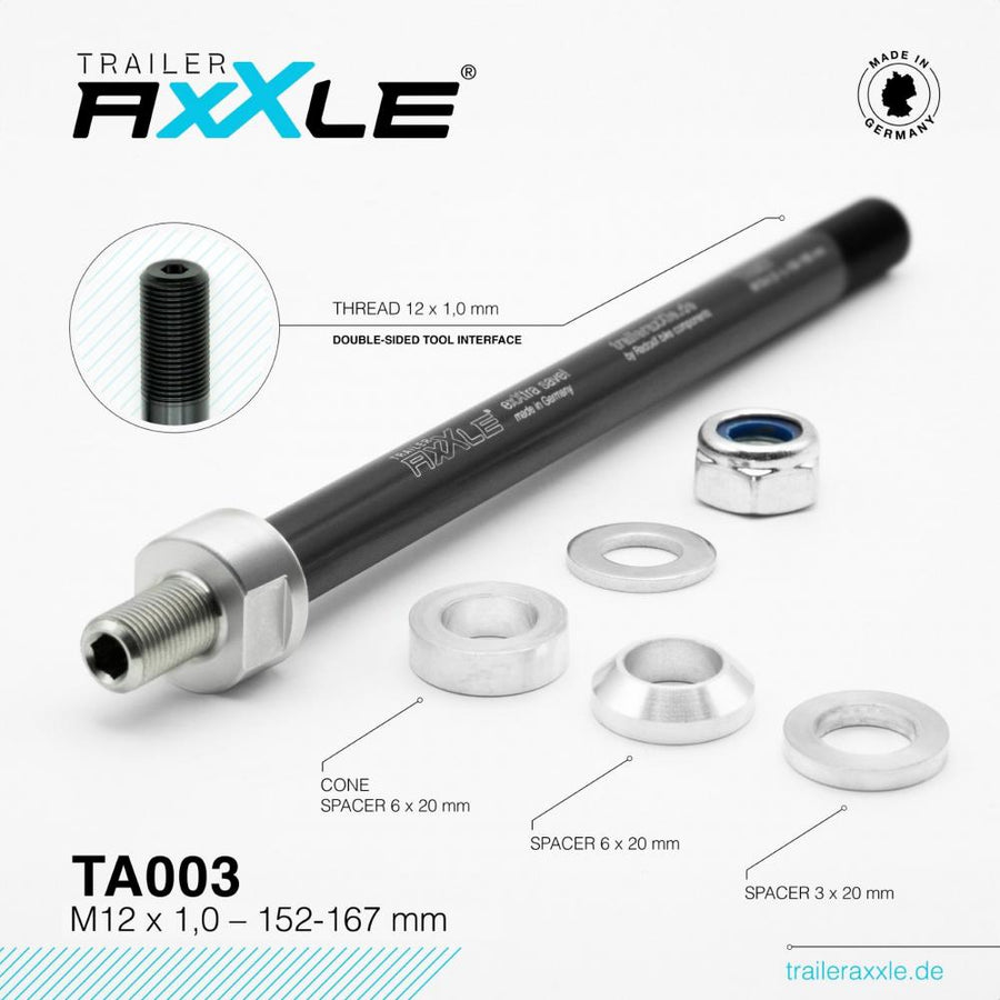 RADOXX Trailer AxXle TA003 Steckachse M12x1.0 152-167mm - TÜV-geprüft, 7075-T6 Alu, Made in Germany