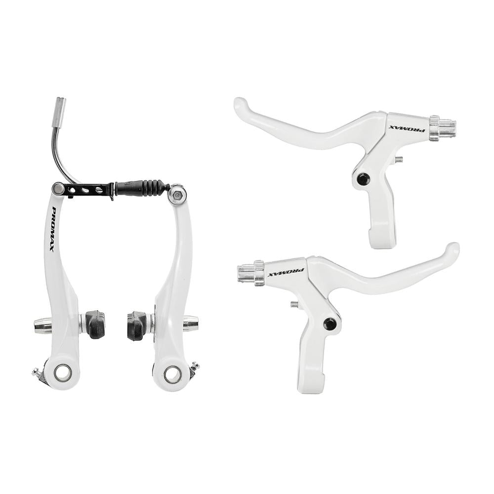 Promax V-Brake Bremsenset weiß, Aluminium 110mm Felgenbremse vorne hinten, inkl. Bremshebel & Bremsschuhe.