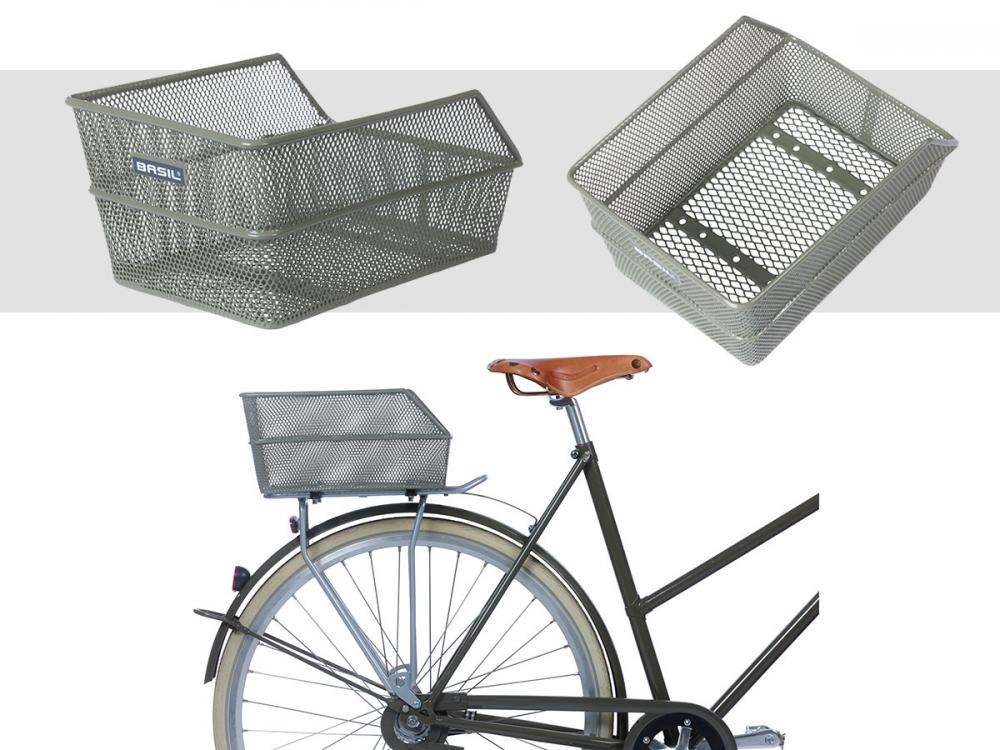 Basil Hinterradkorb Cento S olivgrün engmaschig am Fahrrad montiert. Ideal für Schultasche oder Einkauf.