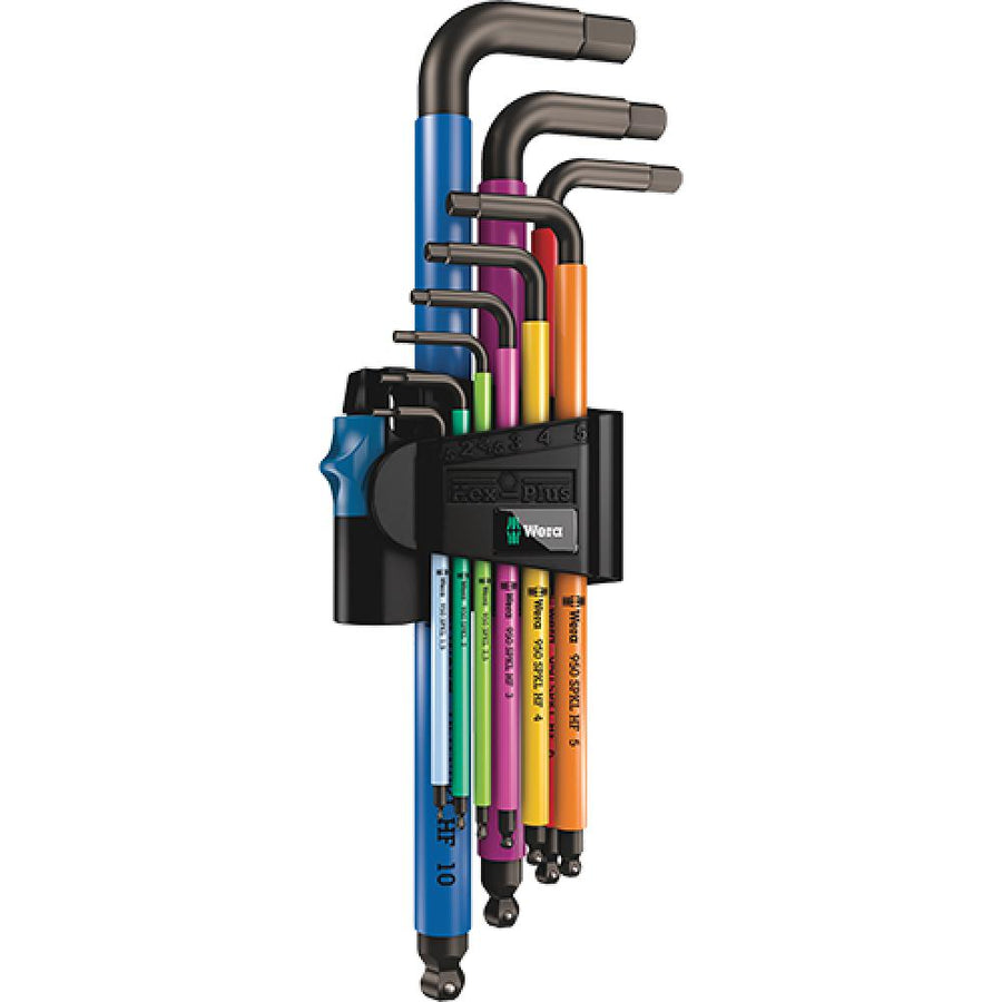 Wera 950/9 Hex-Plus Multicolour 1 metrischer 9-teiliger Winkelschlüsselsatz mit farbigen Schlüsseln für Fahrräder.