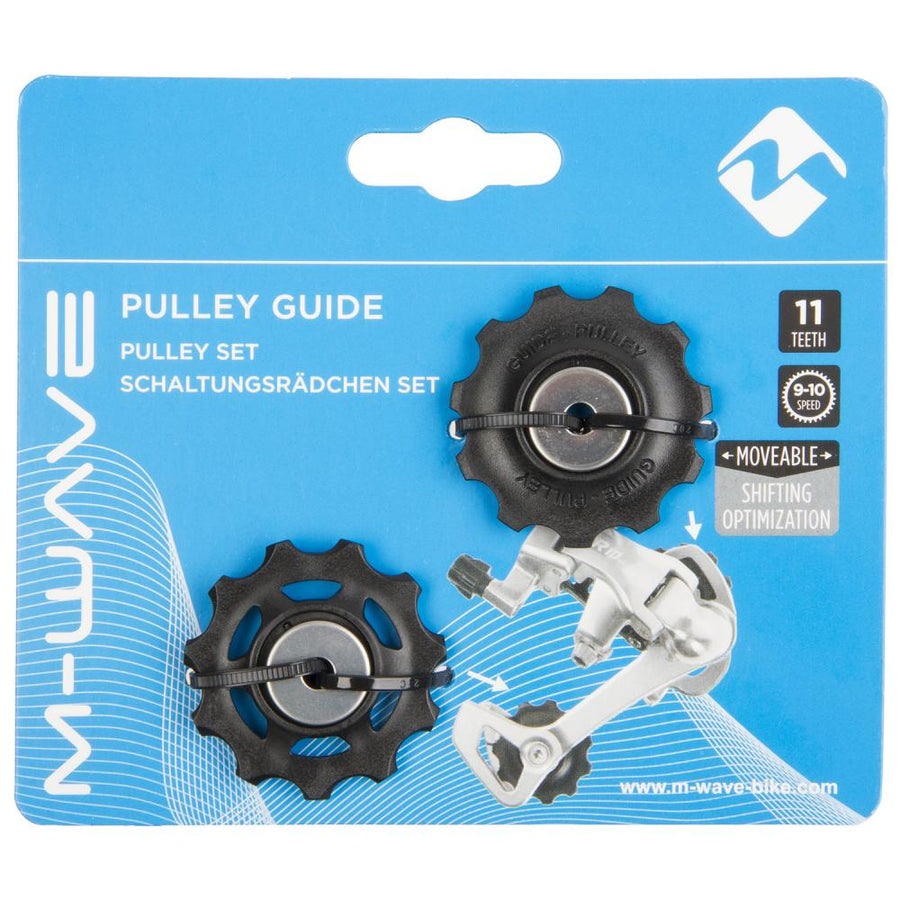 M-WAVE Schaltwerkrollen Pulley Guide 11 Zähne schwarz Paar auf blauer Verpackung für 9-10 Gang Fahrrad-Schaltungen.