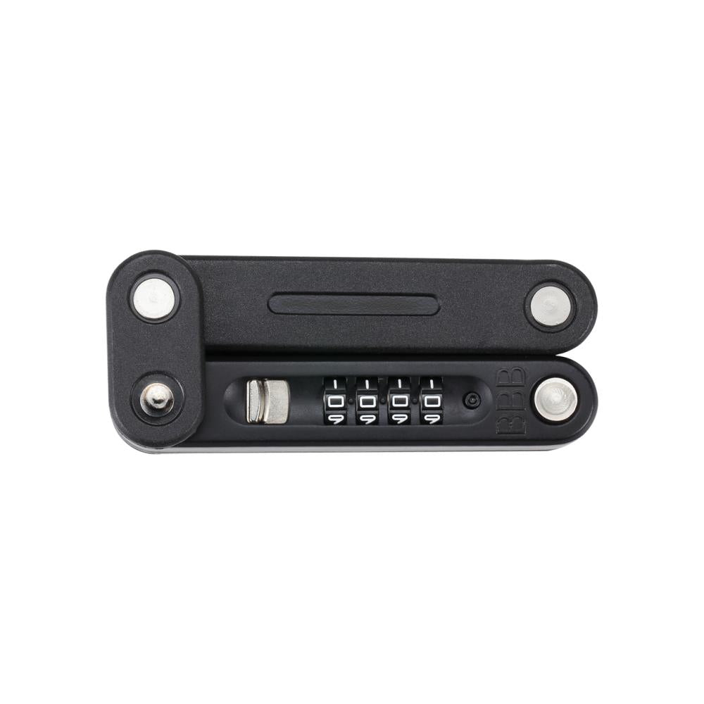 Kompaktes BBB Cycling CodeFold Faltschloss in Schwarz mit 4-stelligem Zahlencode für Fahrräder.
