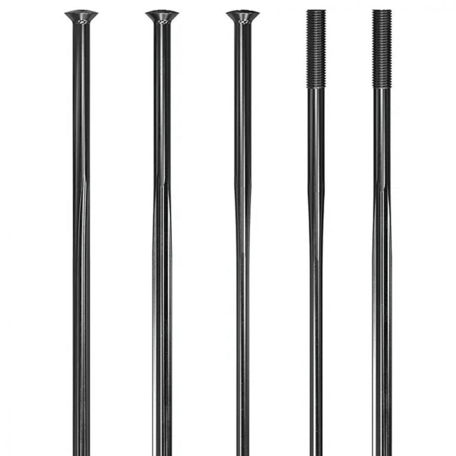 Fünf schwarze DT Swiss Complite Fahrradspeichen, 294mm, konifiziert, mit Kopf- und Gewindeenden.