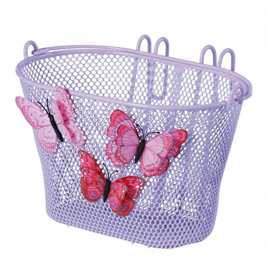 Abnehmbarer lila Basil Jasmin Kinder-Fahrradkorb aus Stahl mit Schmetterlings-Design für den Lenker.