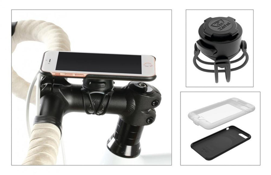 Zefal Z Console Smartphone-Halterung für iPhone 7/8 am Fahrrad, zeigt Halterung und Hüllen.