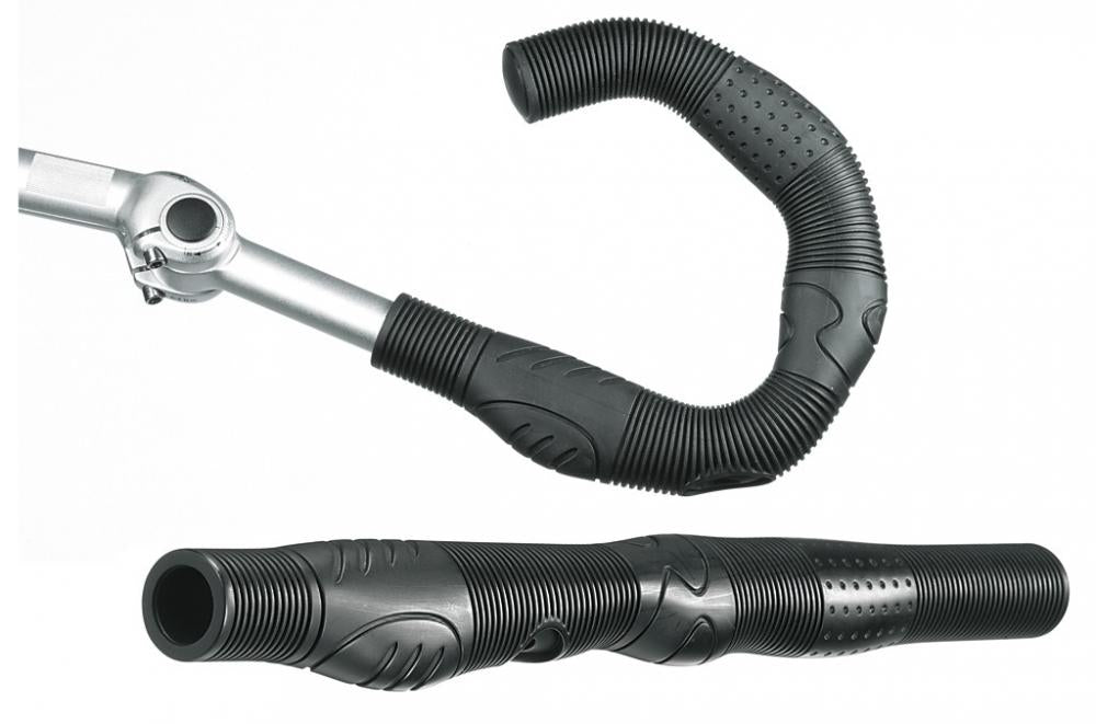 Ergotec Lenkerbezug Ergo Vario schwarz, 410mm, Kraton. Ergonomischer, anpassbarer Fahrradgriff, in zwei Ansichten.