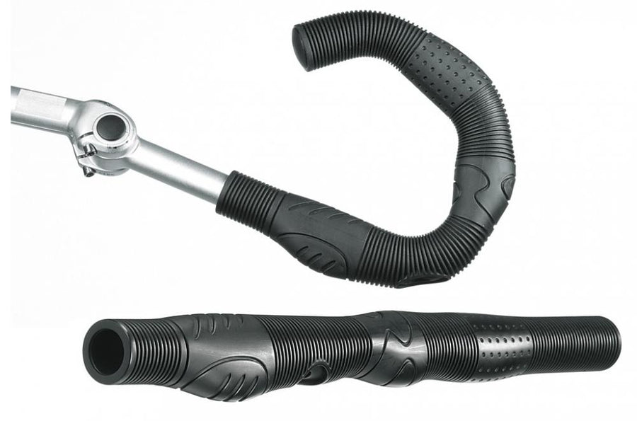 Ergotec Lenkerbezug Ergo Vario schwarz, 410mm, Kraton. Ergonomischer, anpassbarer Fahrradgriff, in zwei Ansichten.