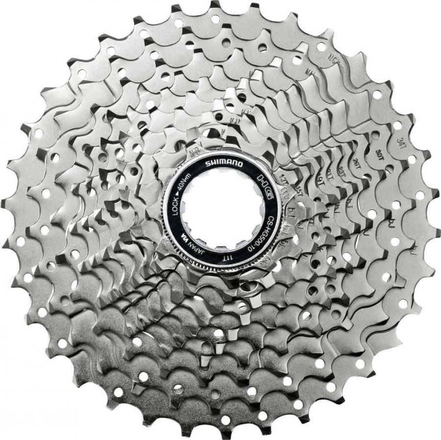 Shimano CS-HG500 10-fach Kassette 11-34Z, silberne Fahrradkassette mit abgestuften Ritzeln in der Draufsicht.