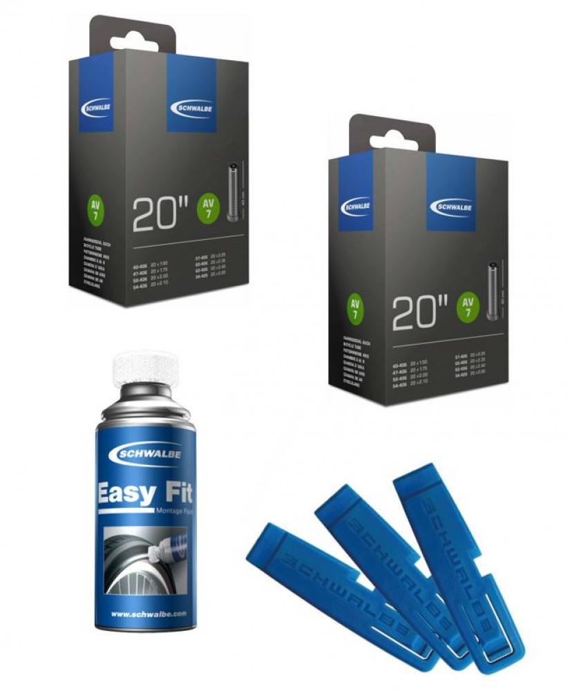 Schwalbe Fahrrad-Set: 2x AV7 20" Schläuche, 3 Reifenheber, Easy Fit Montagefluid für 20-Zoll-Reifen.