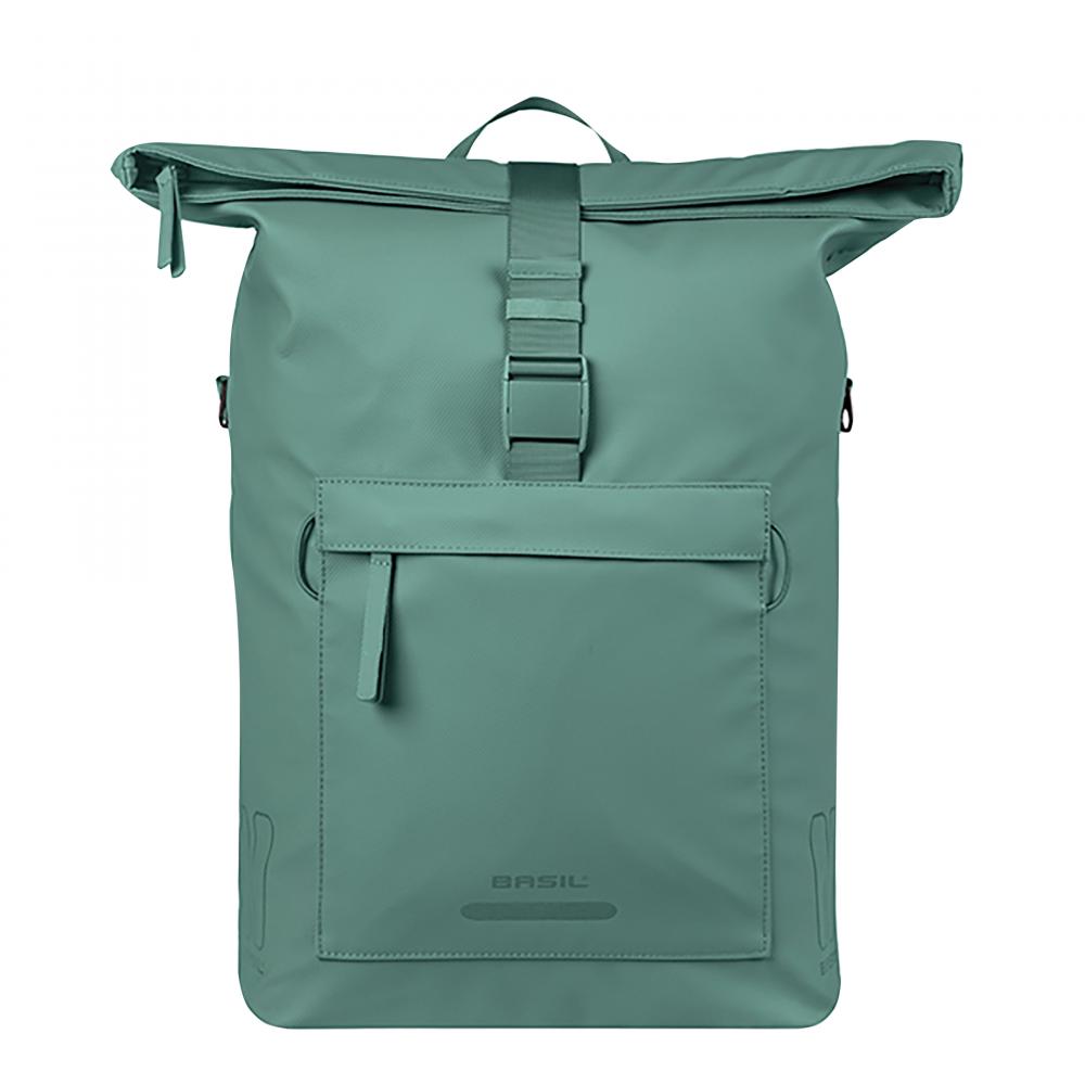 Grüne Basil Brooklyn MIK 17L wasserdichte Fahrradtasche mit Roll-Top und Laptopfach aus recyceltem PET.