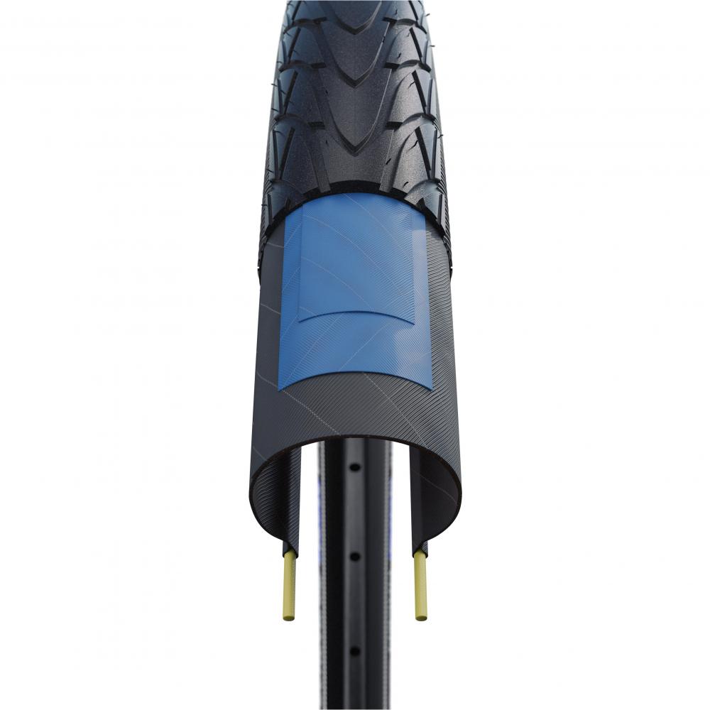 Schwalbe Marathon Racer Drahtreifen Querschnitt mit ADDIX RaceGuard Pannenschutz und Profil.