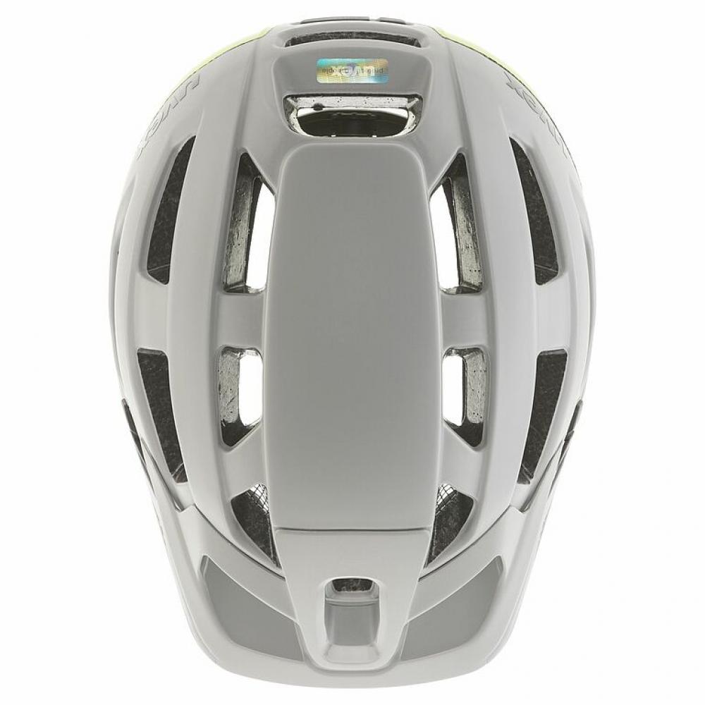 uvex finale 2.0 MTB-Helm 56-61 cm, rhino-neon yellow matt, Rückansicht mit uvex Logo.