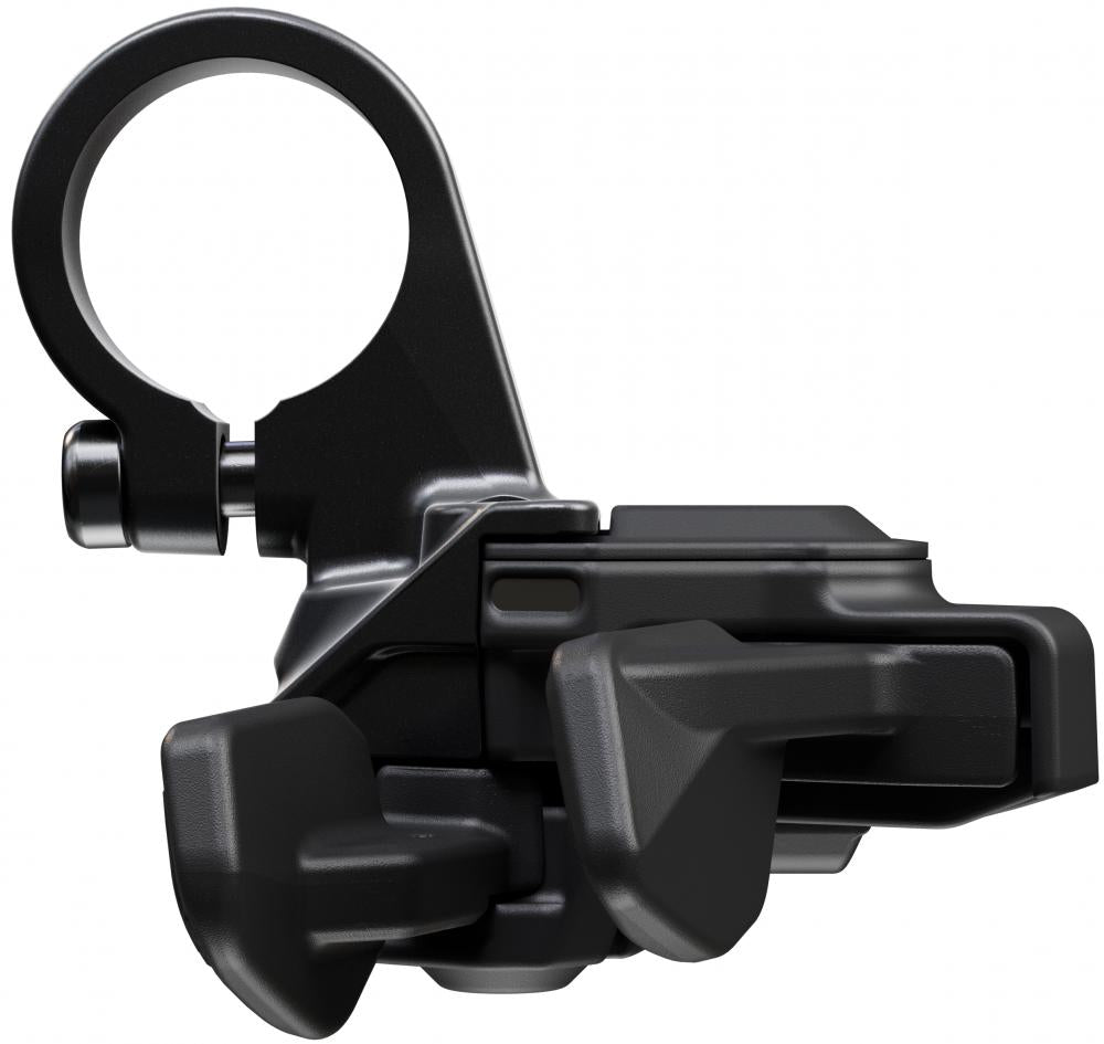 Schwarze SHIMANO DEORE SW-M6250 Di2 Lenkerfernbedienung mit Schelle für elektronischen Antrieb.